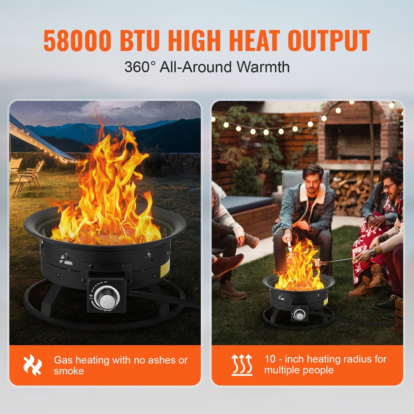VEVOR Propane Fire Pit 19" Outdoor Portable Gas Fire Pit for Heating 58000 BTU