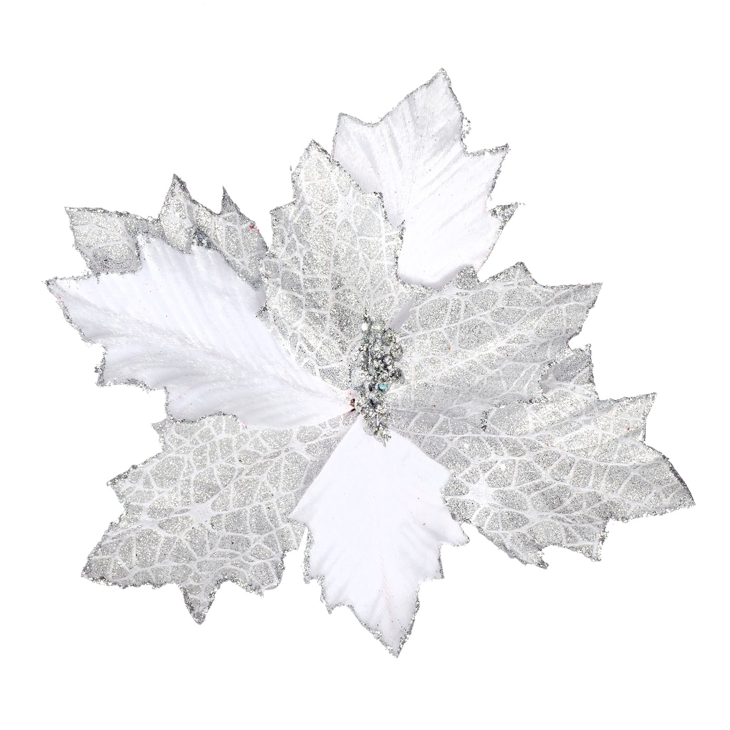 Silver Glitter Poinsettia Pick Velvet 11 X 11.5 Inches