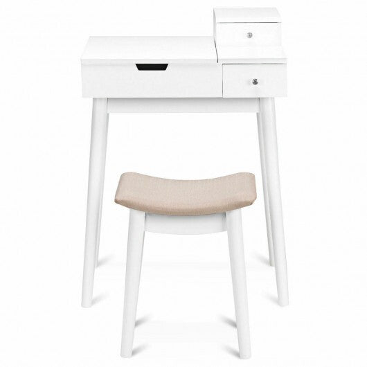 Vanity Dressing Table Set Flip Mirror Desk Furniture Stool - Color: White