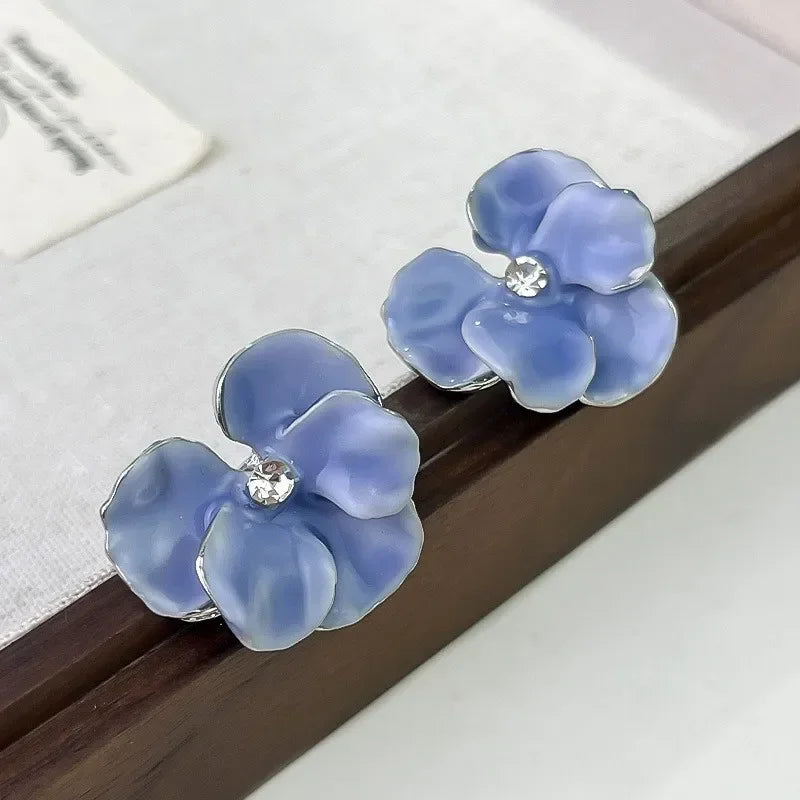 LATS Red Blue Enamel Flower Stud Earrings for Women Korean Fashion Five Petals Crystal Flowered Lovely Cute Girls Ear Decoration - Metal Color 661748