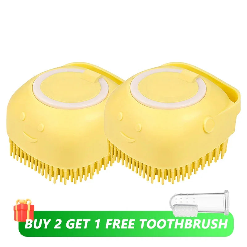 Dog Bathing Brush Pet Massage Brush Shampoo Dispenser Soft Silicone Brush Rubber Bristle for Dogs and Cats Shower Grooming Tool - Color 2x Yellow