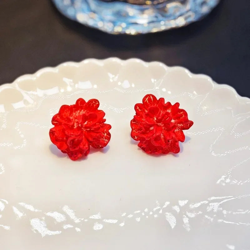 LATS Red Blue Enamel Flower Stud Earrings for Women Korean Fashion Five Petals Crystal Flowered Lovely Cute Girls Ear Decoration - Metal Color 661728