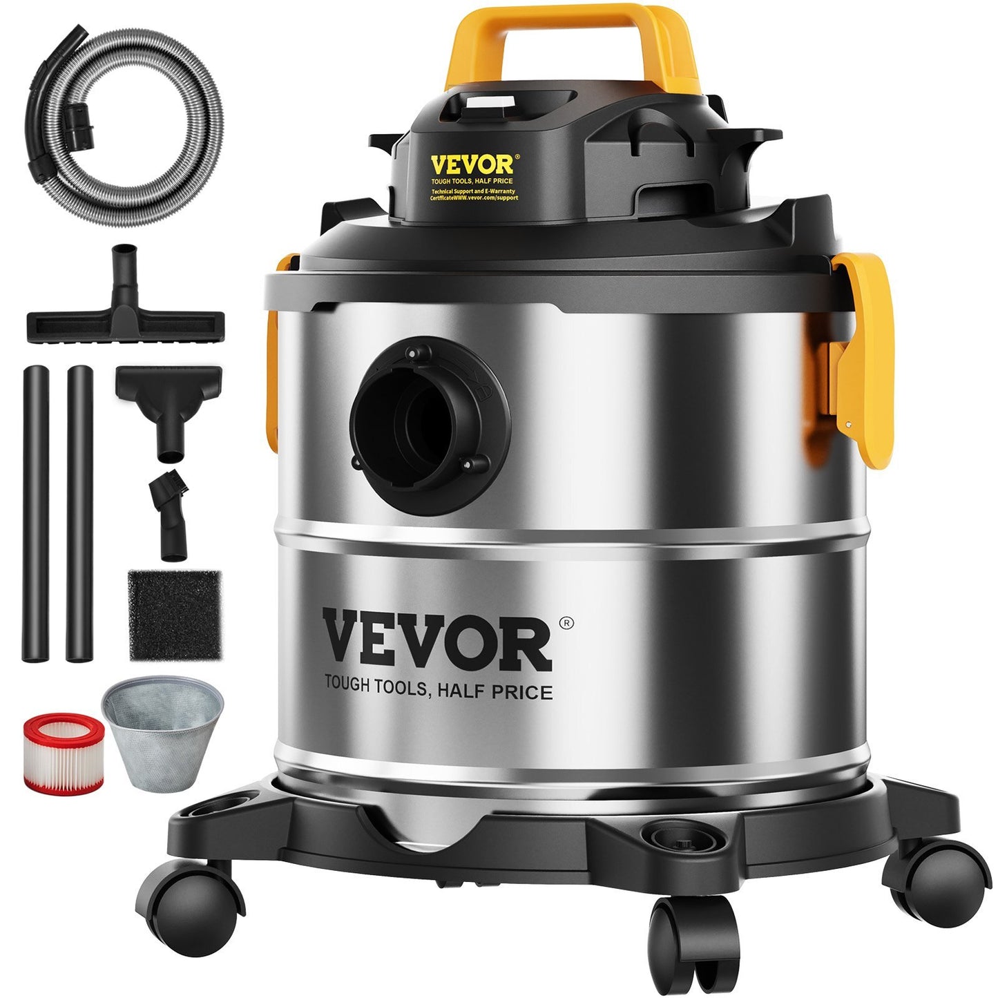 Stainless Steel Wet Dry Shop Vacuum, 5.5 Gallon 6.5 Peak HP Wet/Dry Vac, Powerful Suction with Blower Function w/ Attachment 2-in-1 Crevice Nozzle, Small Vac Perfect for Carpet Debris, Pet Hair