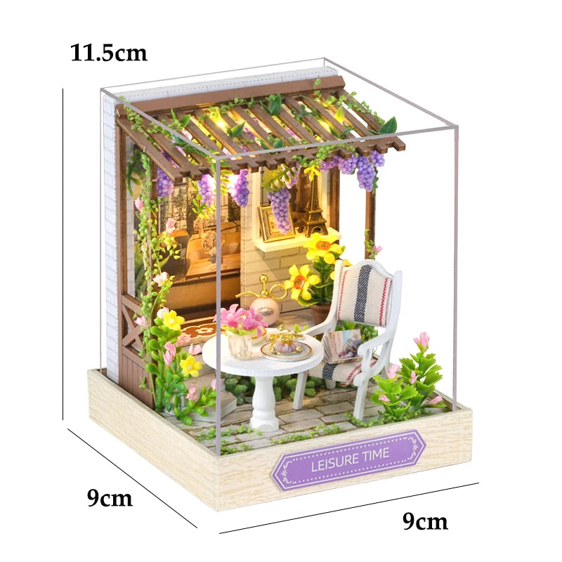 DIY Miniature Doll House 3D Puzzle Small House Assembly Building Model Kit Toys Home With Furniture Lighting Wooden Crafts Gifts - Color QT-087 with cover