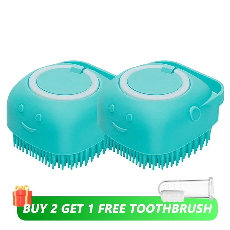Dog Bathing Brush Pet Massage Brush Shampoo Dispenser Soft Silicone Brush Rubber Bristle for Dogs and Cats Shower Grooming Tool - Color 2x Blue