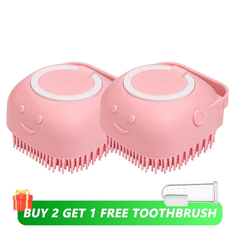 Dog Bathing Brush Pet Massage Brush Shampoo Dispenser Soft Silicone Brush Rubber Bristle for Dogs and Cats Shower Grooming Tool - Color 2x Pink