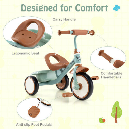 Toddler Tricycle Kids Trike with Adjustable Seat and Basket Aged 3-5 Years Old-Green - Color: Green