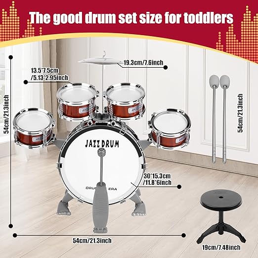 Kids Drum Set, Toddler Jazz Drum Kit 9 PCS Toys with Stool Pedal Percussion Musical Instruments Drum Toy Early Education Christmas Birthday