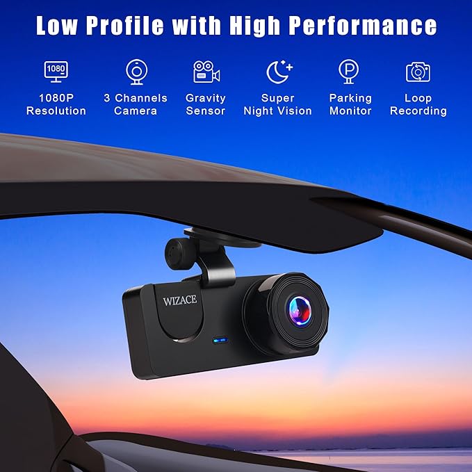 1080P Cámara de tablero de 3 canales frontal y trasera interior con tarjeta de 32 GB, cámara de tablero para automóvil, cámara triple