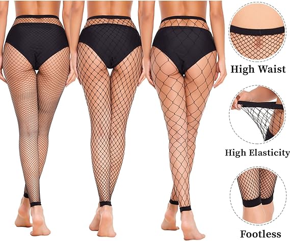 4 Pairs Sexy Thigh High Stockings for Women, Fishnet Stockings with Different Mesh Sizes, Fishnet Pantyhose Fishnet Leggings with Toe