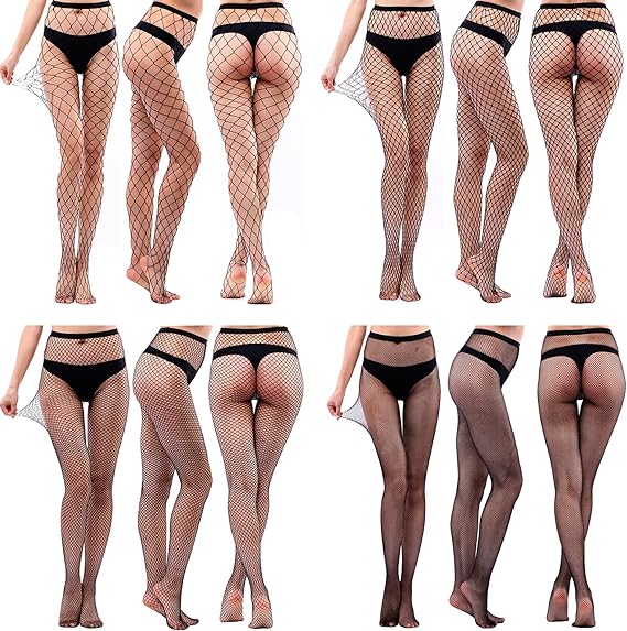 4 Pairs Sexy Thigh High Stockings for Women, Fishnet Stockings with Different Mesh Sizes, Fishnet Pantyhose Fishnet Leggings with Toe
