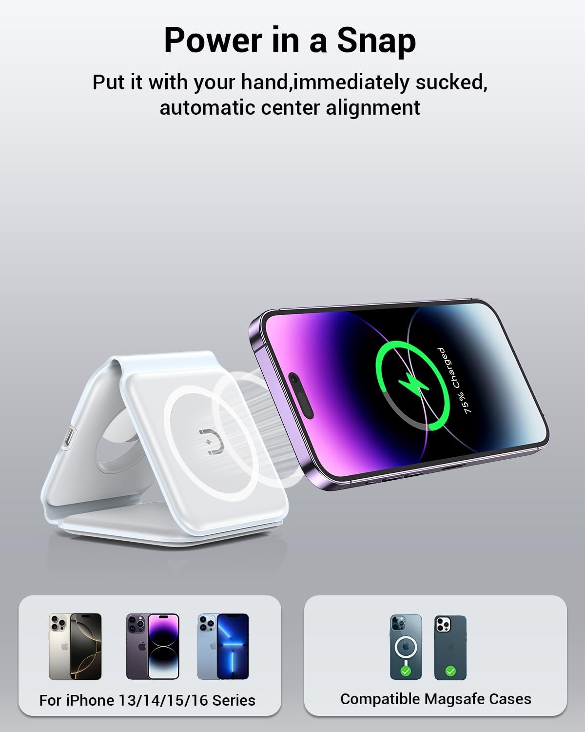 Wireless Charger, Magnetic Foldable 3 in 1 Mag-Safe Charger, Fast Travel Wireless Charging Station for iPhone 16/15/14/13/12/ Series,