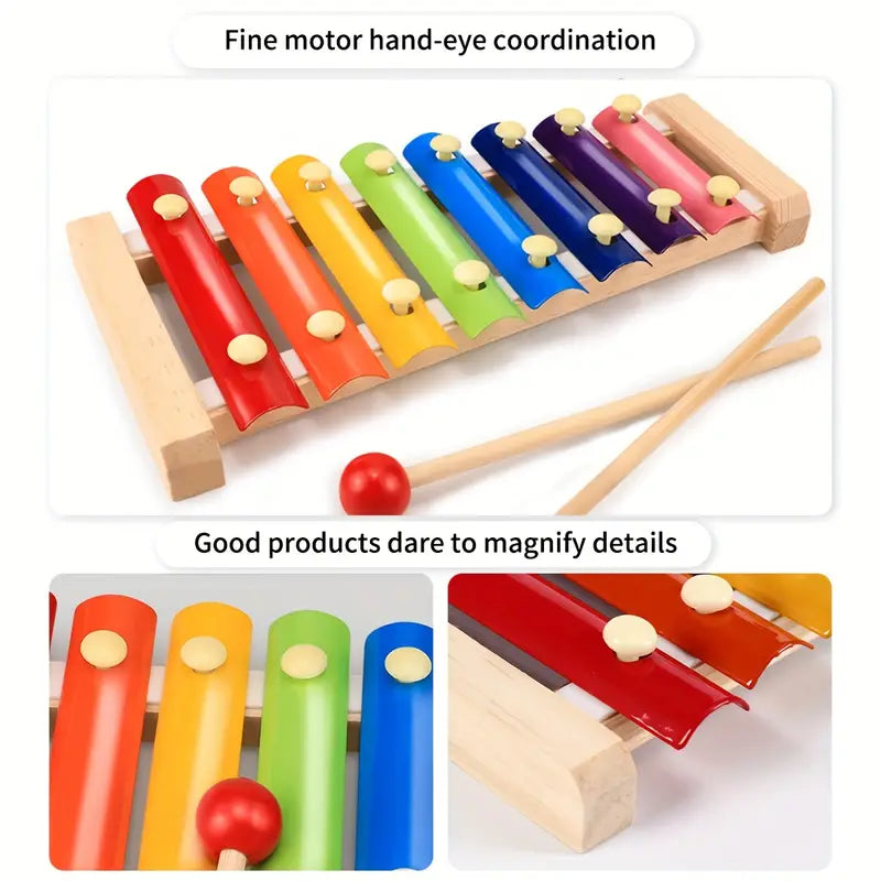 5-in-1 Montessori Nursery Wooden Eight Piano Set Gifts, Enlightenment Clock Toys, Caterpillar Shaped, Multifunctional Teaching Toys, Building Blocks Focus Exercise Toys