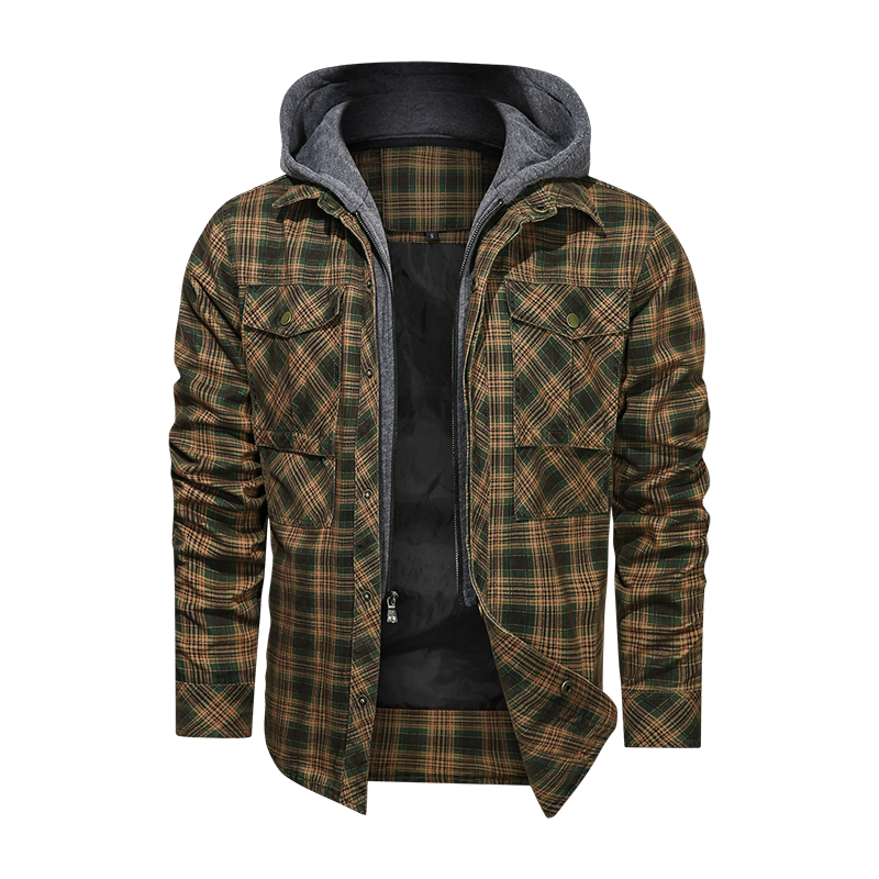 Men Long-sleeved Plaid Jacket Regular Fit Fleece Detachable Hoodies Jackets