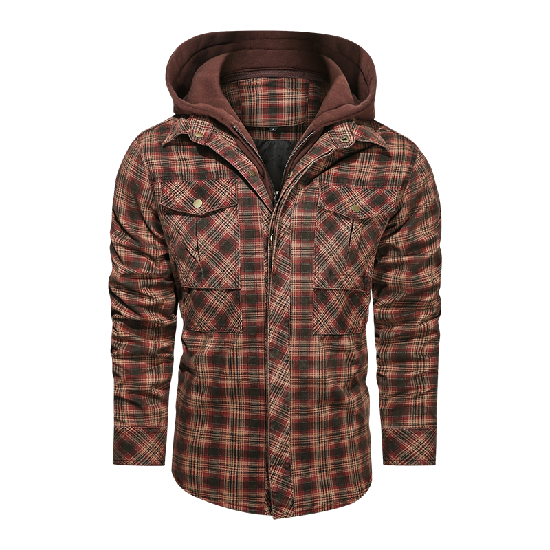 Men Long-sleeved Plaid Jacket Regular Fit Fleece Detachable Hoodies Jackets