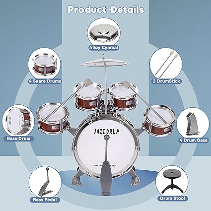 Kids Drum Set, Toddler Jazz Drum Kit 9 PCS Toys with Stool Pedal Percussion Musical Instruments Drum Toy Early Education Christmas Birthday