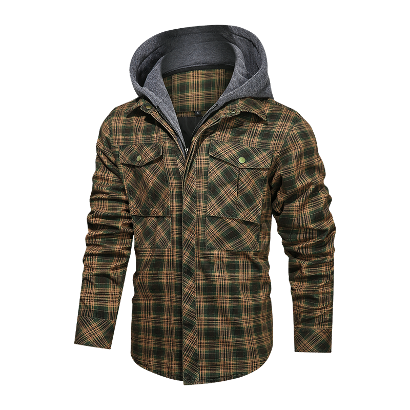 Men Long-sleeved Plaid Jacket Regular Fit Fleece Detachable Hoodies Jackets