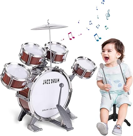 Kids Drum Set, Toddler Jazz Drum Kit 9 PCS Toys with Stool Pedal Percussion Musical Instruments Drum Toy Early Education Christmas Birthday