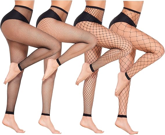 4 Pairs Sexy Thigh High Stockings for Women, Fishnet Stockings with Different Mesh Sizes, Fishnet Pantyhose Fishnet Leggings with Toe