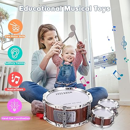 Kids Drum Set, Toddler Jazz Drum Kit 9 PCS Toys with Stool Pedal Percussion Musical Instruments Drum Toy Early Education Christmas Birthday