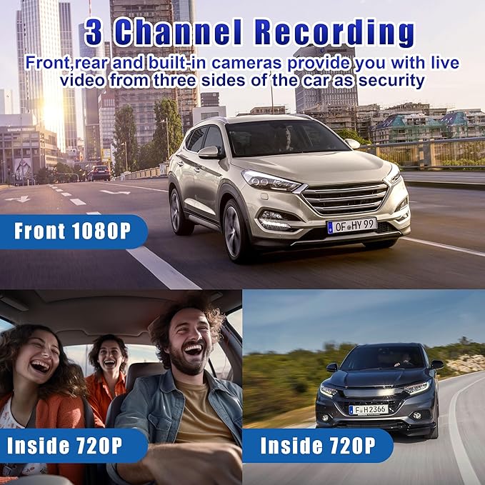 1080P Cámara de tablero de 3 canales frontal y trasera interior con tarjeta de 32 GB, cámara de tablero para automóvil, cámara triple