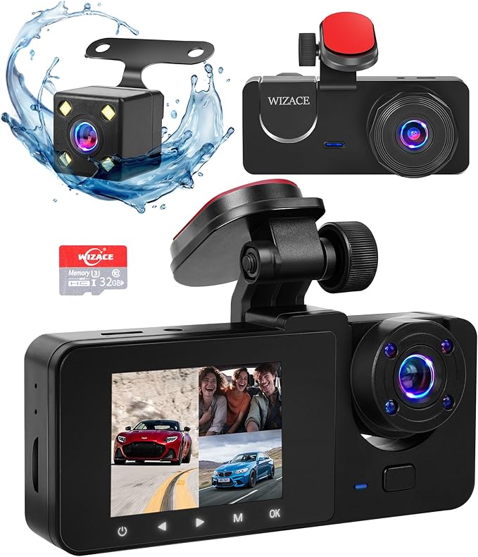 1080P Cámara de tablero de 3 canales frontal y trasera interior con tarjeta de 32 GB, cámara de tablero para automóvil, cámara triple