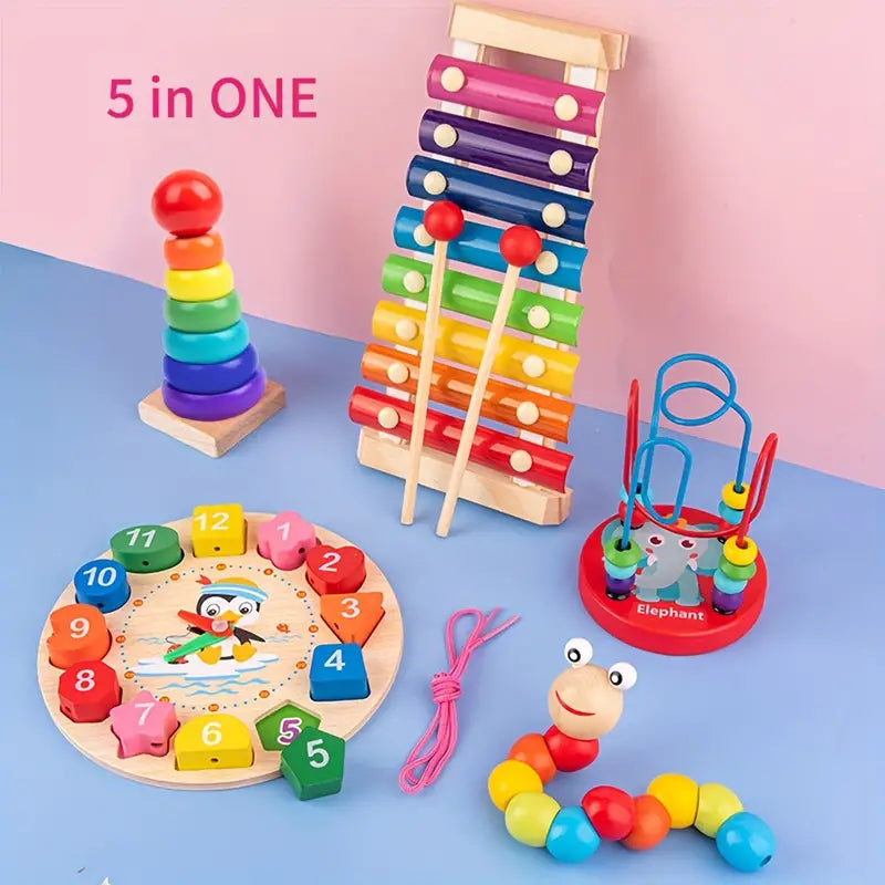 5-in-1 Montessori Nursery Wooden Eight Piano Set Gifts, Enlightenment Clock Toys, Caterpillar Shaped, Multifunctional Teaching Toys, Building Blocks Focus Exercise Toys