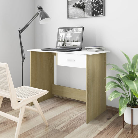 Desk White and Sonoma Oak Engineered Wood Medium Storage Desk