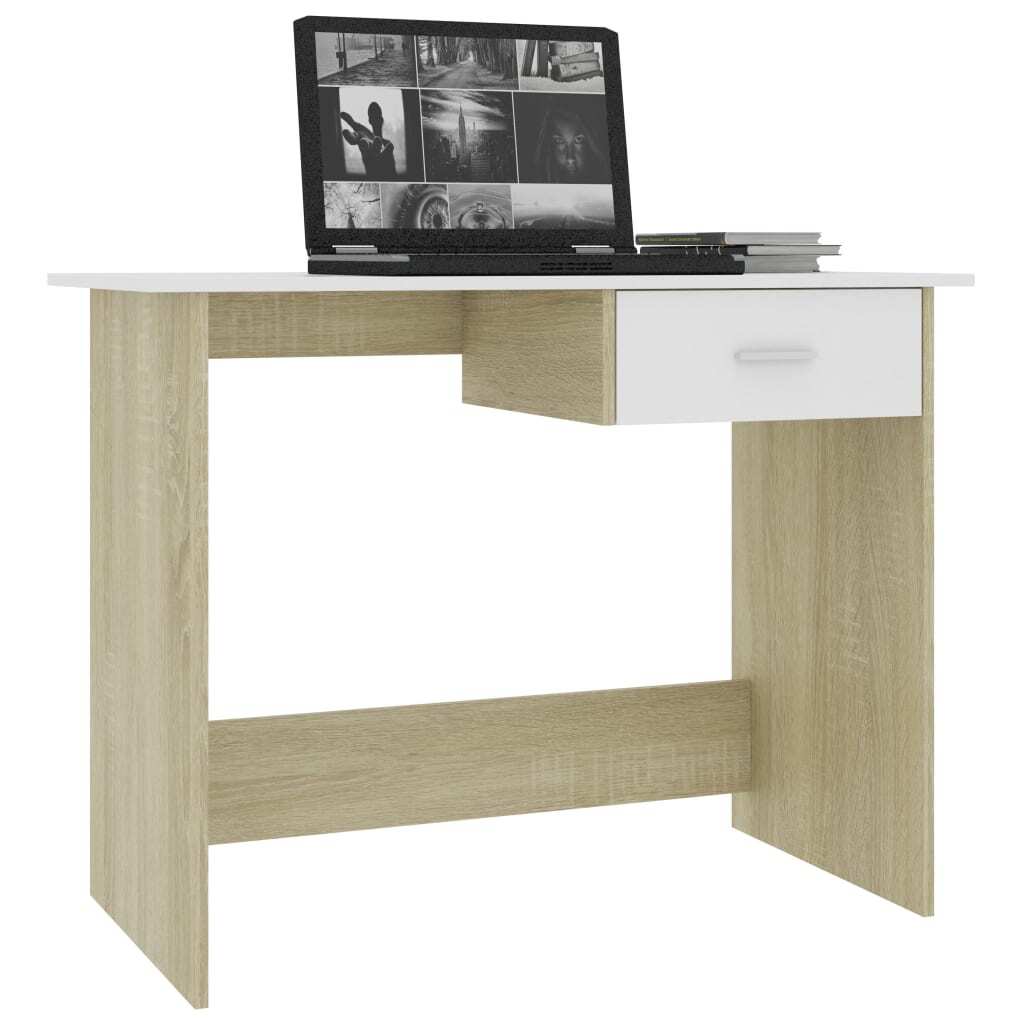 Desk White and Sonoma Oak Engineered Wood Medium Storage Desk