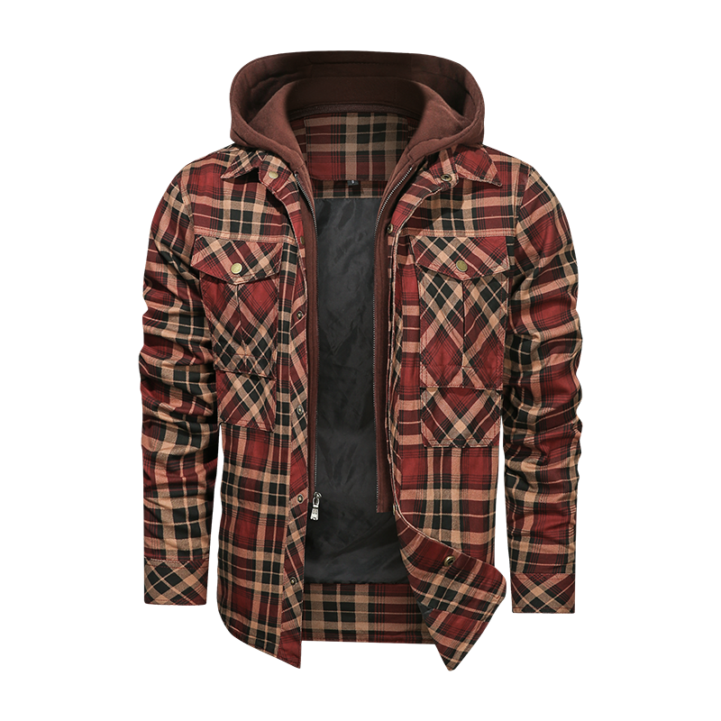 Men Long-sleeved Plaid Jacket Regular Fit Fleece Detachable Hoodies Jackets