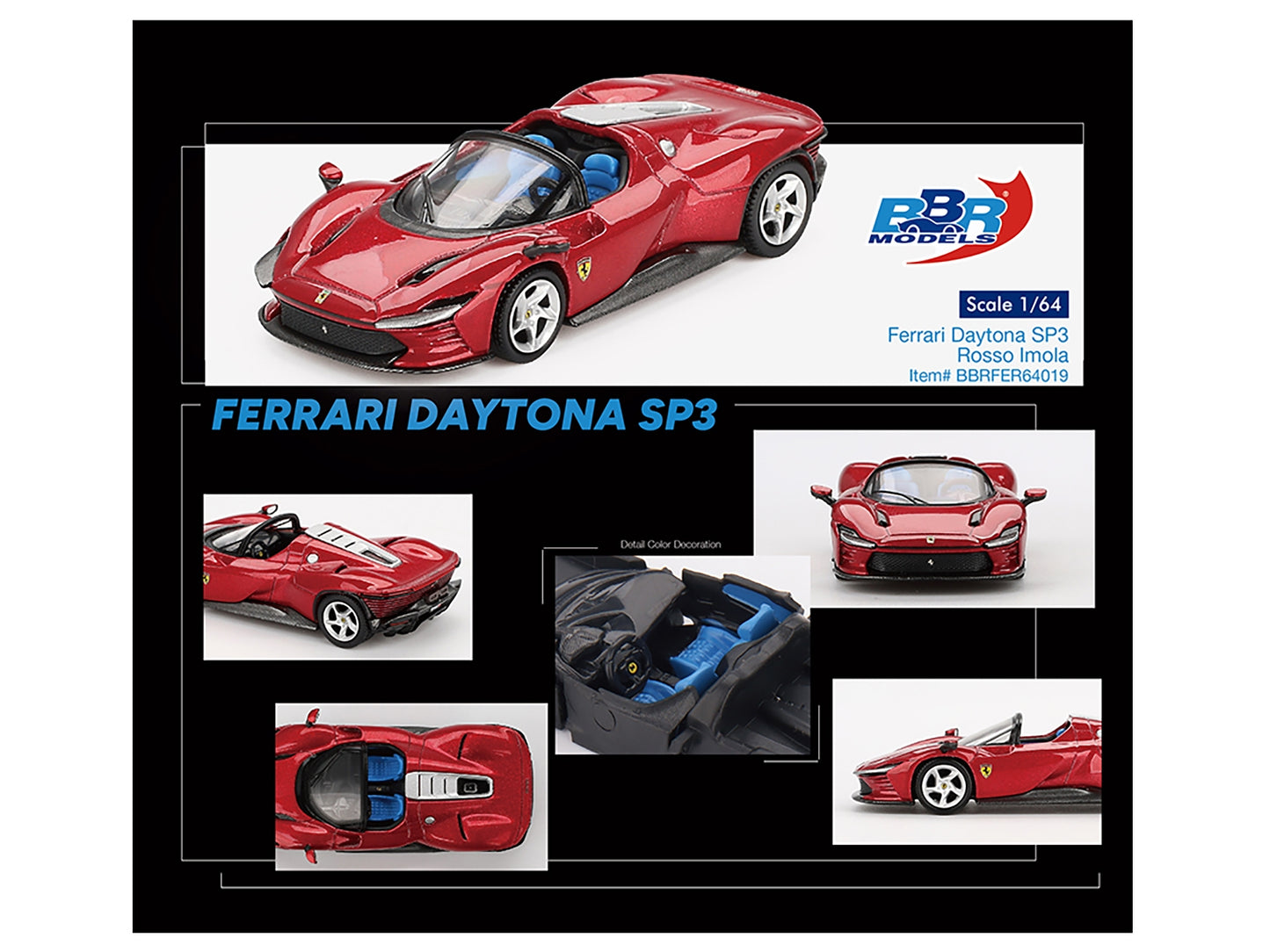 Ferrari Daytona SP3 Rosso Imola Red with Blue Interior 1/64 Diecast Model Car by BBR