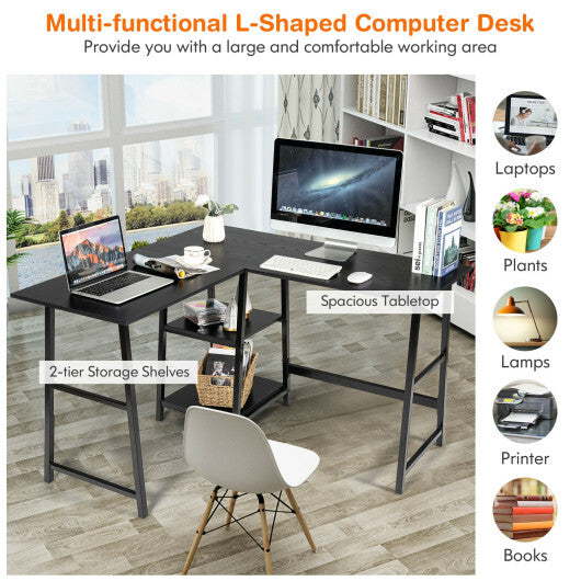 L Shaped Corner Computer Desk with Storage Shelves-Brown