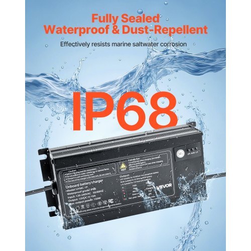 Marine Battery Charger, 1-Bank, 10A 12V Onboard Boat Charger, IP68 Waterproof Smart On-Board Battery Charger, for Lithium-Ion (LiFePO4), NCM, Lead-Acid Batteries, Large Boat, Yacht, RV, Trailer