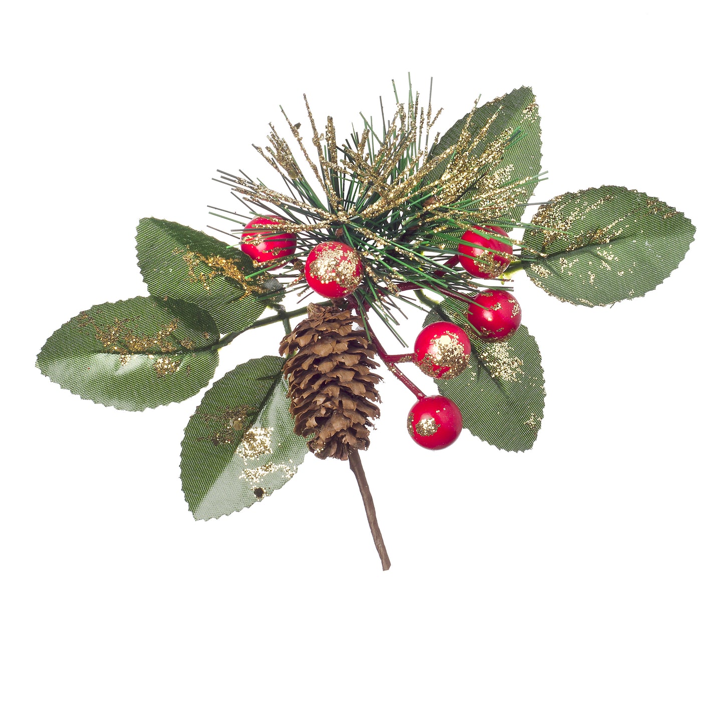 Christmas Green Gold Pick With Berry and Pinecones Glitter 6.3 X 2.76Inches