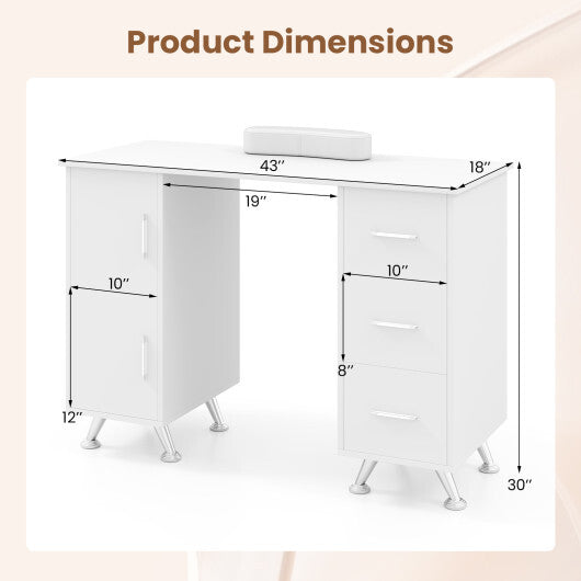 Wooden Manicure Table Nail Desk with Drawers Wrist Rest-White - Color: White