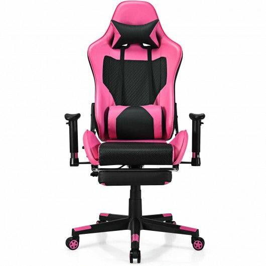 PU Leather Gaming Chair with USB Massage Lumbar Pillow and Footrest -Pink - Color: Pink