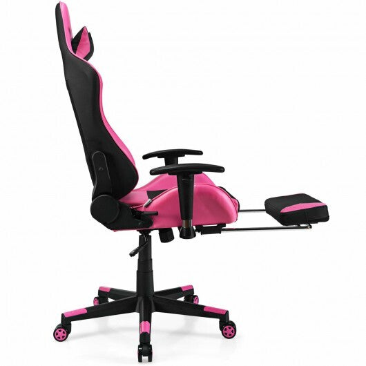 PU Leather Gaming Chair with USB Massage Lumbar Pillow and Footrest -Pink - Color: Pink