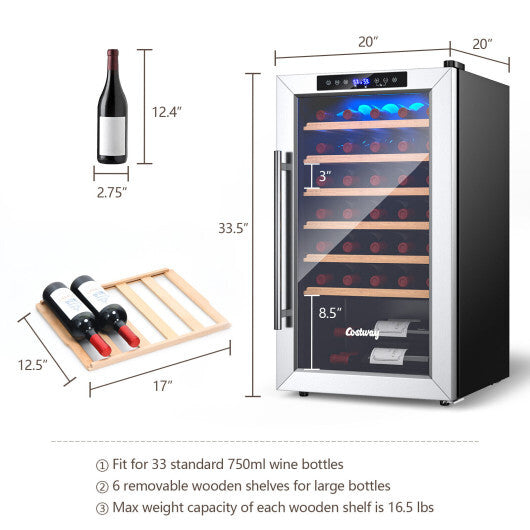 20 Inch Wine Refrigerator for 33 Bottles and Tempered Glass Door-Silver - Color: Silver