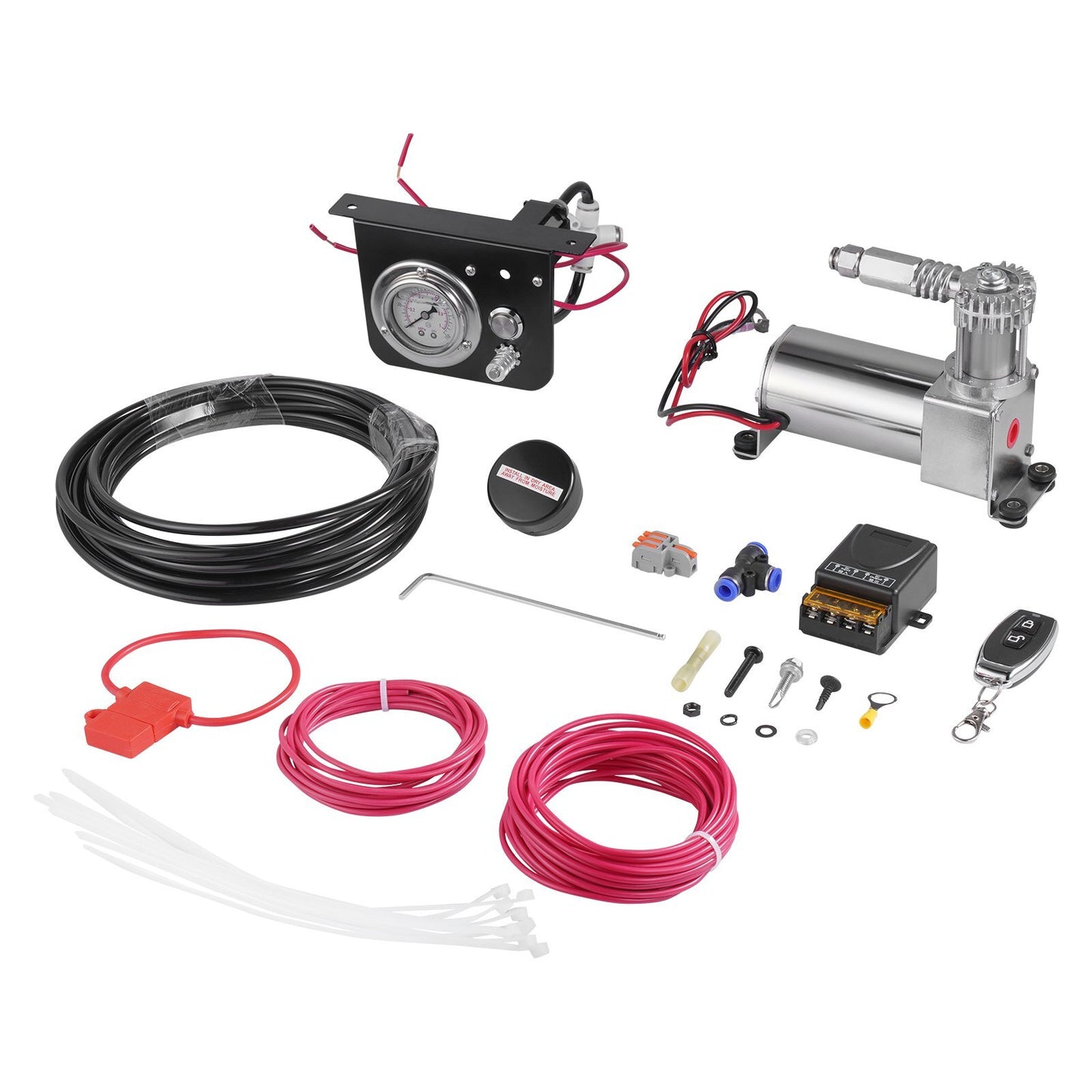 Air Shock Controller Kit, 12V 100PSI On Board Air Compressor System, Air Ride Suspension Compressor Kit with Single Path System, Pressure Gauge & Air Line for Trucks Vans
