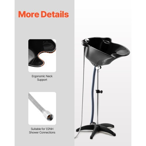 Portable Shampoo Bowl, Deep Shampoo Sink with Adjustable Height & Angle, Includes Drain Hose, Shower Head, Lightweight Hair Wash Basin for Barber Salon Spa Center & Home Use, Black