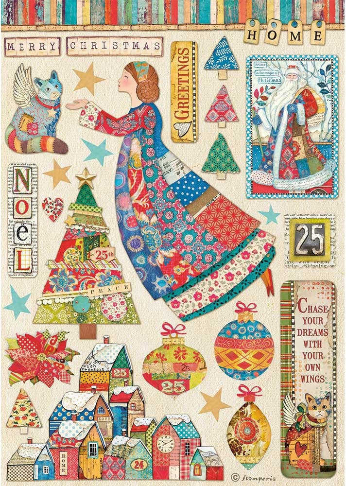 Stamperia Rice Paper Sheet A4 Elements Christmas Patchwork