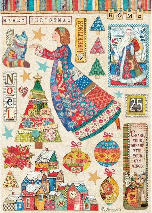Stamperia Rice Paper Sheet A4 Elements Christmas Patchwork