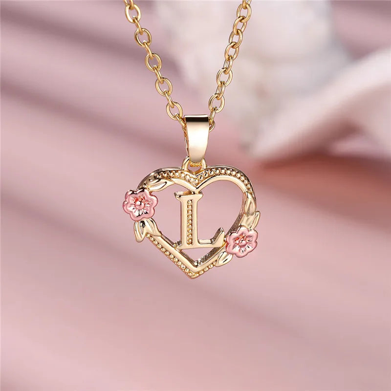 Female A-Z Letter Flower Pendant Necklace Yellow Gold Color Wedding Jewelry Gift For Women - Metal color L