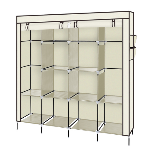 67" Clothes Closet Portable Wardrobe Clothes Storage Rack 12 Shelves 4 Side Pockets Beige