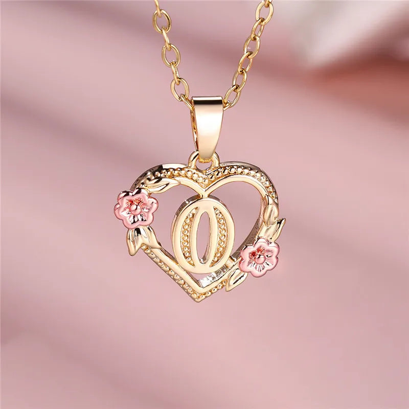 Female A-Z Letter Flower Pendant Necklace Yellow Gold Color Wedding Jewelry Gift For Women - Metal color O