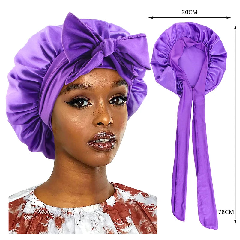 New Satin Sleeping Cap For Women Solid Wide Band Stretch Head Tie Silky Bonnet Edge Wrap Nightcap Hair Care Shower Head Cover - Color PURPLE