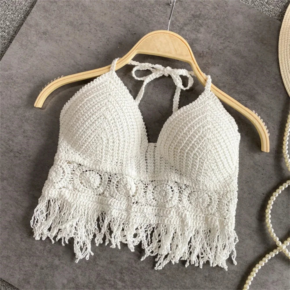 Women's Boho Fringe Backless Halter Tie Neck Underwear Outerwear with Neck Hanging Embroidery Tassel Suspender Vest Short Tank - Color White