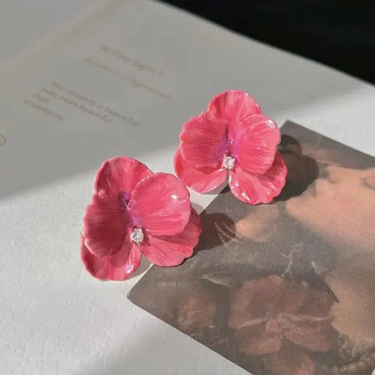 LATS Red Blue Enamel Flower Stud Earrings for Women Korean Fashion Five Petals Crystal Flowered Lovely Cute Girls Ear Decoration - Metal Color 661747