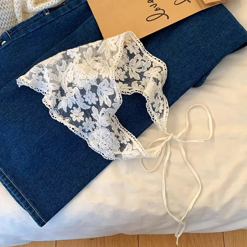 White Woven Floral Lace Hair Scarf Wraps Women Retro Triangle Headscarf Hat Travel Photo Headband Hair Accessories - Color F