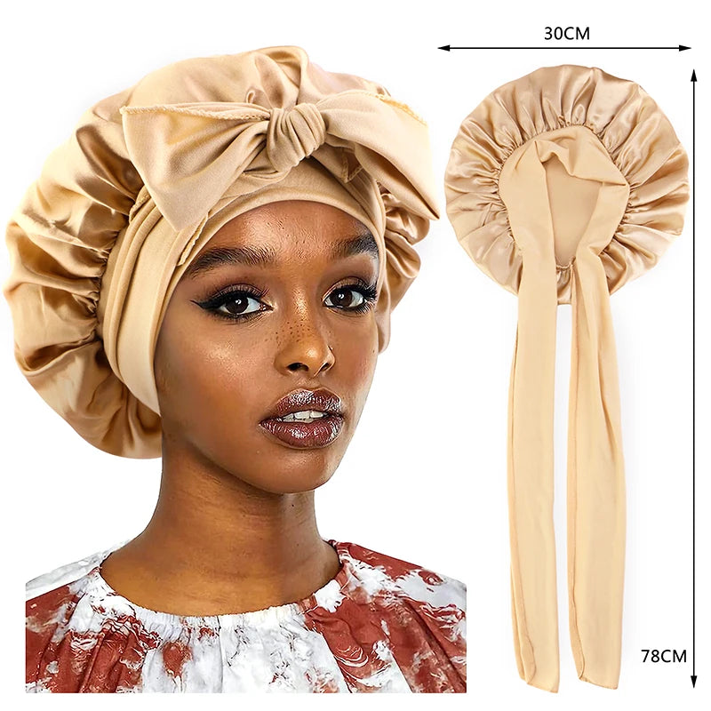 New Satin Sleeping Cap For Women Solid Wide Band Stretch Head Tie Silky Bonnet Edge Wrap Nightcap Hair Care Shower Head Cover - Color khaki